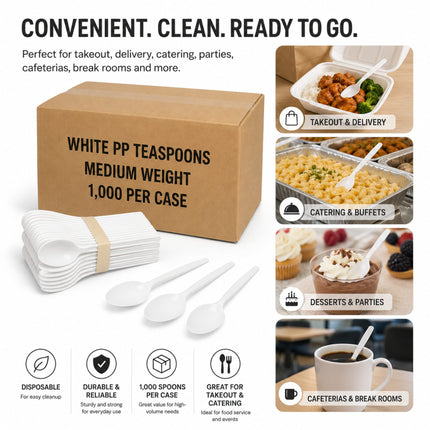 Medium Weight White Polypropylene Plastic Teaspoons
