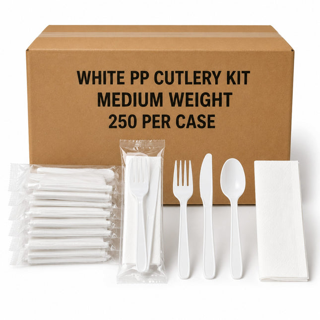 A white plastic cutlery kit displayed in front of a brown cardboard box labeled 'WHITE PP CUTLERY KIT MEDIUM WEIGHT 250 PER CASE'. The kit includes a pack of disposable forks, a pack of cutlery, a knife, a spoon, and folded napkins on a white background.