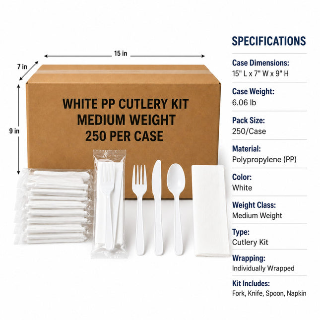 White plastic cutlery kit shown with a brown cardboard box, individual wrapped napkins and utensils, and a specifications panel listing dimensions, weight, material, and included items.