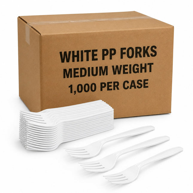 A brown cardboard box labeled 'WHITE PP FORKS MEDIUM WEIGHT 1,000 PER CASE' with stacks and several loose white plastic forks in front on a white background.