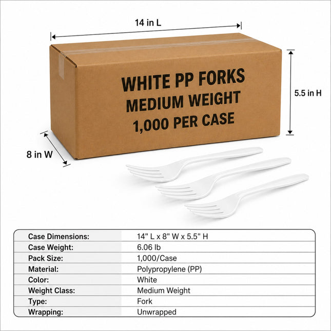 A brown cardboard box labeled 'WHITE PP FORKS MEDIUM WEIGHT 1,000 PER CASE' with dimension arrows showing 14 in L, 5.5 in H, and 8 in W, plus three white plastic forks shown in front and a specification table at the bottom.
