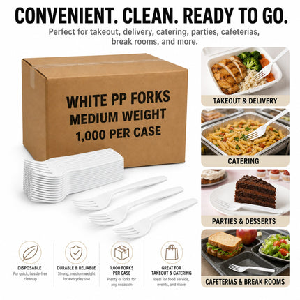 White plastic forks in a stack next to a brown cardboard box labeled 'WHITE PP FORKS MEDIUM WEIGHT 1,000 PER CASE' on a white background, with marketing text and food-use photos along the right side.