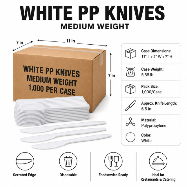 White PP knives medium weight set shown with a brown cardboard case, a stack of white plastic knives, and dimension/specification callouts on a white background.