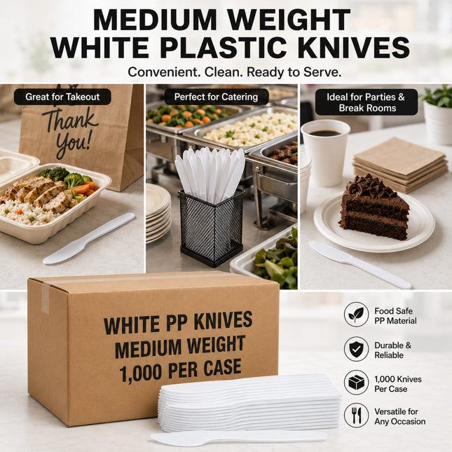 A promotional collage for white plastic knives, showing the product in use at catering events, with a stack of white plastic knives in a black mesh holder, a sliced chocolate cake on a white plate with a knife, a paper bag that says Thank You!, and a brown box labeled 'WHITE PP KNIVES MEDIUM WEIGHT 1,000 PER CASE.' Text at the top reads 'MEDIUM WEIGHT WHITE PLASTIC KNIVES' with supporting benefits on the right.