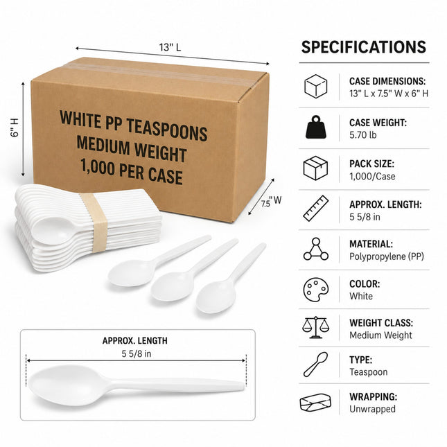 A bulk pack of white plastic teacups shown with a brown cardboard box, three loose teacups, and a specifications panel listing dimensions, weight, pack size, material, color, and other details.