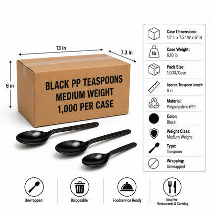 A box of black plastic medium-weight teespoons shown with three loose spoons in front on a white background. A product information panel on the right lists dimensions, weight, pack size, material, color, weight class, and type.