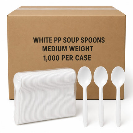 A bulk pack of white plastic soup spoons shown with a stack of spoons in a clear plastic sleeve and three individual spoons in front of a brown cardboard box labeled 'WHITE PP SOUP SPOONS MEDIUM WEIGHT 1,000 PER CASE'.