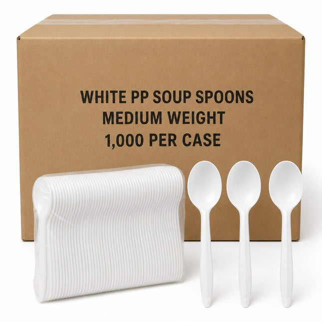 A bulk pack of white plastic soup spoons shown with a stack of spoons in a clear plastic sleeve and three individual spoons in front of a brown cardboard box labeled 'WHITE PP SOUP SPOONS MEDIUM WEIGHT 1,000 PER CASE'.