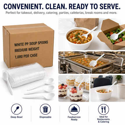 White plastic soup spoons shown with a brown cardboard case labeled 'WHITE PP SOUP SPOONS MEDIUM WEIGHT 1,000 PER CASE,' along with sample usage photos in catering and dining settings. Text at the top reads 'CONVENIENT.