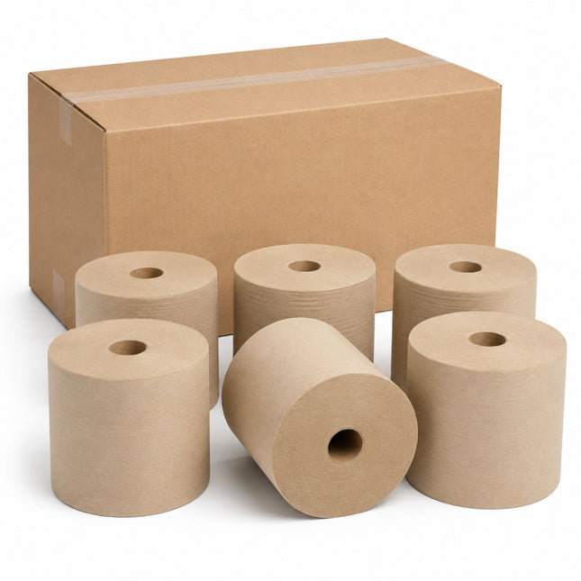 Six rolls of brown kraft paper towels or paper napkins arranged in front of a large brown cardboard box on a white background.