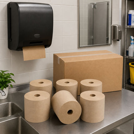 A set of brown kraft paper towel or napkin rolls and a large brown cardboard box arranged on a stainless steel counter in a clean commercial kitchen or restroom setting, with a black paper towel dispenser mounted on the wall behind.