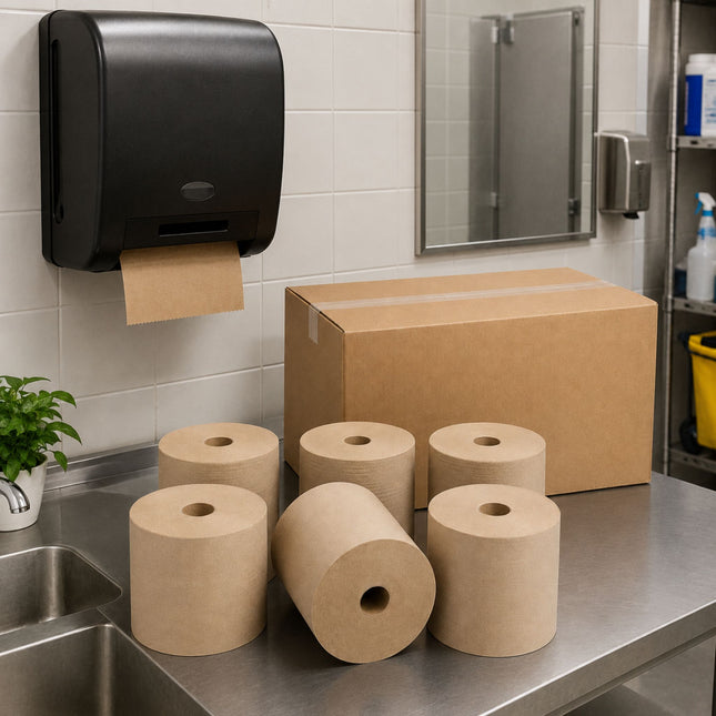 A set of brown kraft paper towel or napkin rolls and a large brown cardboard box arranged on a stainless steel counter in a clean commercial kitchen or restroom setting, with a black paper towel dispenser mounted on the wall behind.