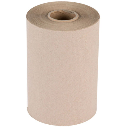 A single roll of light brown kraft paper towels or paper napkins, shown standing upright on a plain white background.