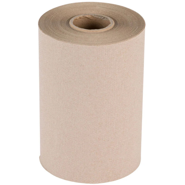A single roll of light brown kraft paper towels or paper napkins, shown standing upright on a plain white background.
