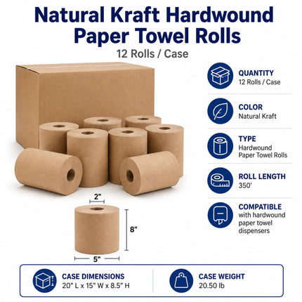 Natural Kraft Hardwound Paper Towel Rolls shown with a brown cardboard case, multiple roll sizes, and informational text on a white background. The image includes dimensions, case dimensions, case weight, quantity, color, type, roll length, and compatibility details.