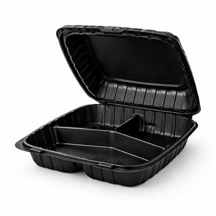 MFPP Black Hinged Container 3 Compartment 8x8 150/Case