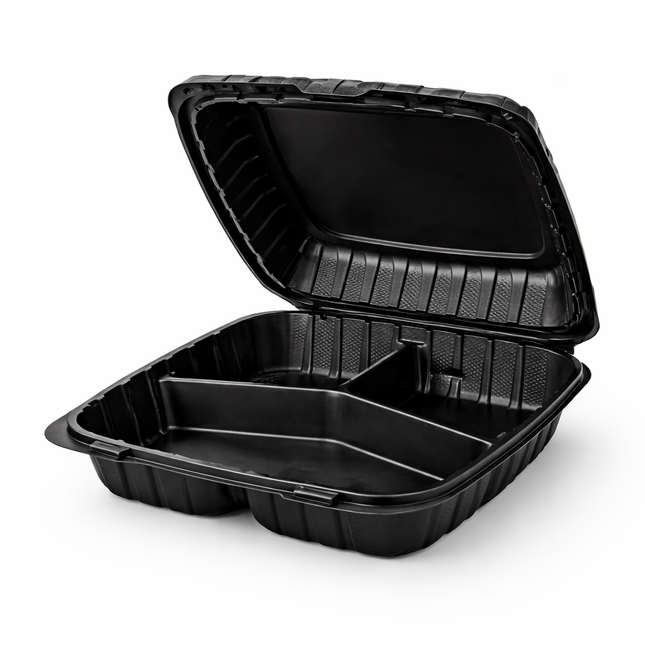MFPP Black Hinged Container 3 Compartment 8x8 150/Case