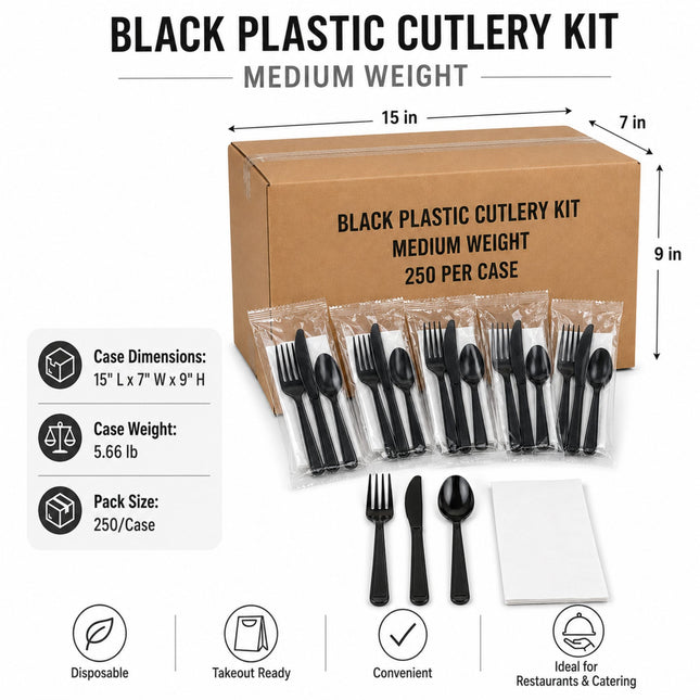 Black plastic cutlery kit in a medium-weight cardboard box, shown with individual packaged utensils, loose black forks, spoons, and knives, and dimension/feature callouts on a white background.