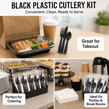 Black plastic cutlery kit shown in a collage with sample use cases: a takeout container, a cup and lid, catering trays, desserts, paper cups, napkins, and a hot water kettle. Text reads 'BLACK PLASTIC CUTLERY KIT' and includes callout labels such as 'Great for Takeout,' 'Perfect for Catering,' and 'Ideal for Parties & Break Rooms.