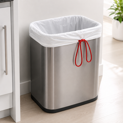 White Plastic Drawstring Trash Can Liners 13 Gallon 24" x 28" for restaurant and retail use