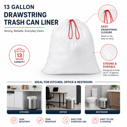 White Plastic Drawstring Trash Can Liners 13 Gallon 24" x 28" product image 4