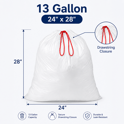 White Plastic Drawstring Trash Can Liners 13 Gallon 24" x 28" dimensions and size details