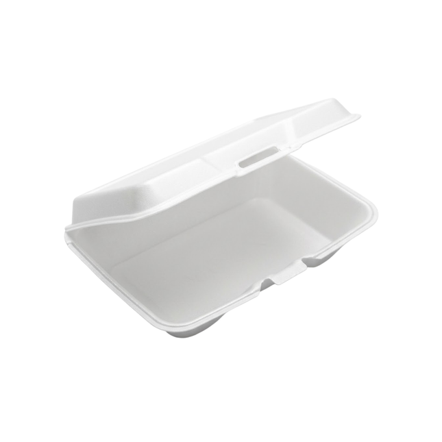 White Shallow Foam Hinged Container 9" x 6" - 1 Compartment - 200/Case