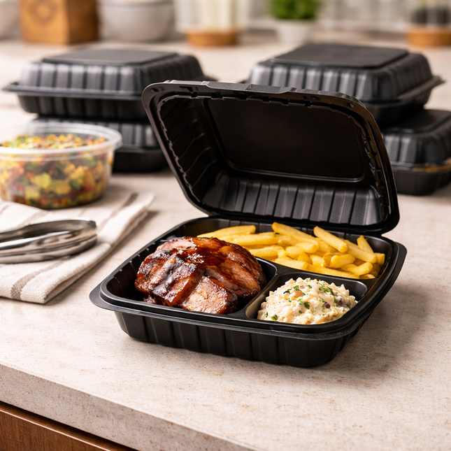 MFPP Black Hinged Container 3 Compartment 9" x 9" - Microwaveable Takeout Container