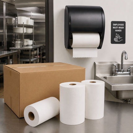 White paper towel or hand towel rolls displayed on a stainless steel counter next to a large brown cardboard box, with a black wall-mounted dispenser and a kitchen sink in the background.