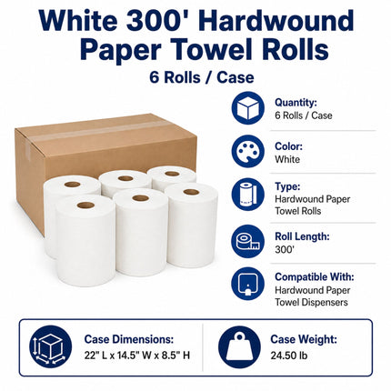 White 300' Hardwound Paper Towel Rolls - 6/Case