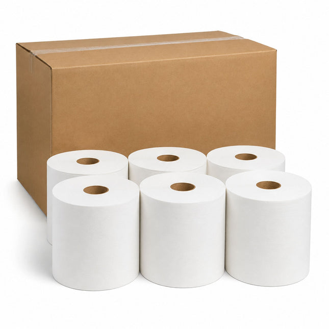 Six white paper towel or toilet paper rolls arranged in front of a large brown cardboard shipping box on a clean white background.