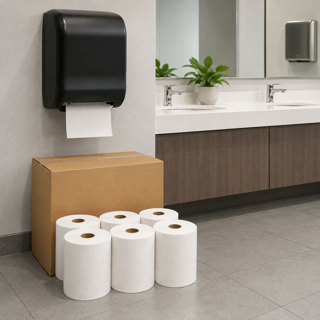 A black wall-mounted paper towel dispenser in a bathroom setting, dispensing a white paper towel. A large brown cardboard box sits on the floor next to six white paper towel rolls in the foreground.
