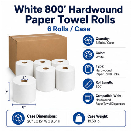 White 800' Hardwound Paper Towel Rolls shown with a brown cardboard case on a white background, with text listing quantity, color, type, roll length, compatibility, and case dimensions/weight.