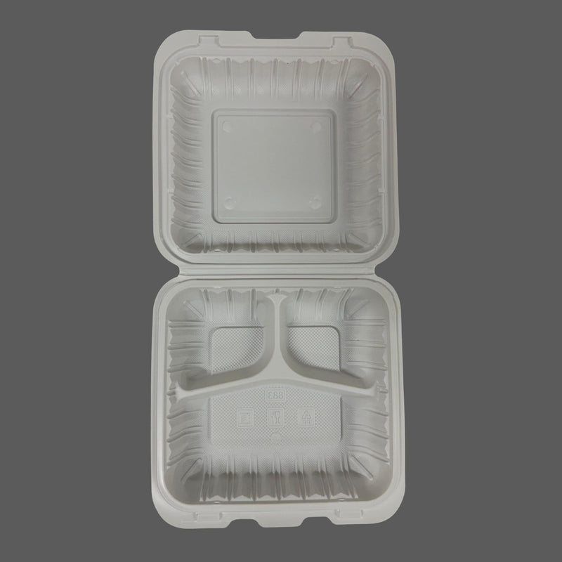 White Hinged Container (Mineral-Filled Polypropylene) 3 Compartment 8x8 - 50/Case