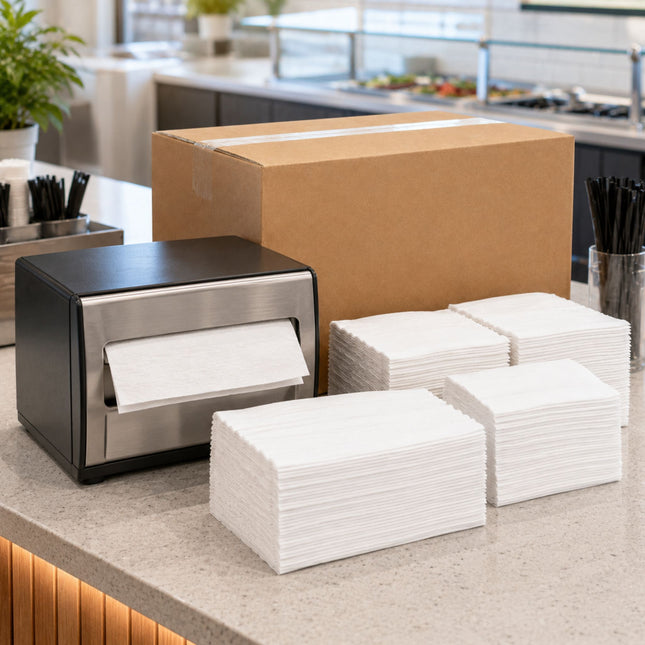 A stainless steel and black paper towel dispenser sits on a kitchen counter next to stacks of white paper towels, with a large brown cardboard box in the background.