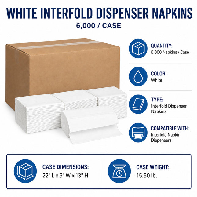 White interfold dispenser napkins shown with a brown cardboard case on a white background, with text listing quantity, color, type, compatibility, case dimensions, and case weight.