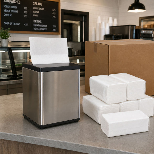 A stainless steel and black countertop tissue dispenser sits on a cafe counter next to stacked white napkins and a large brown cardboard box, with a blurred restaurant interior and menu board in the background.