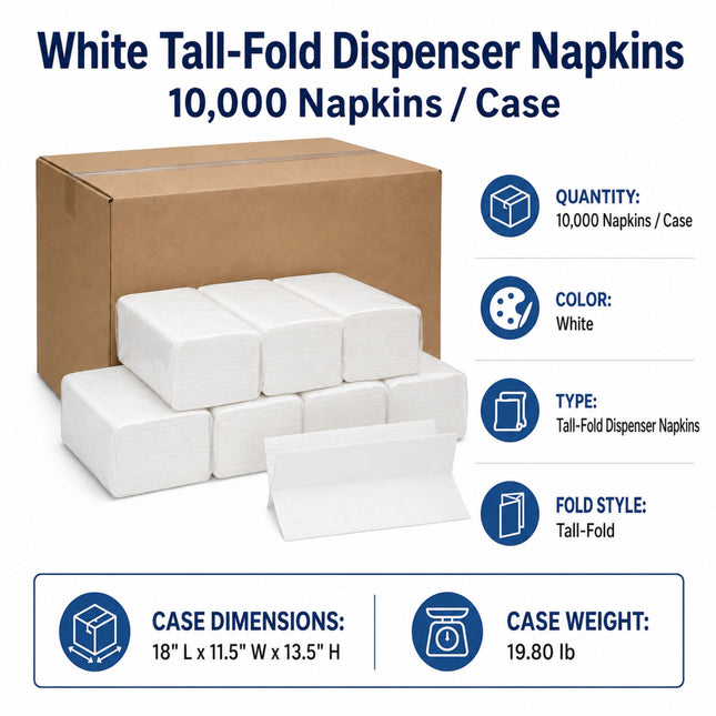 White tall-fold dispenser napkins shown with a brown cardboard case and informational text on a white background. The text specifies 10,000 napkins per case, white color, tall-fold style, and provides case dimensions and case weight.