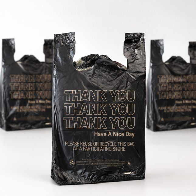 Black "Thank You" Heavy Duty T-Shirt Bags - 10" x 6" x 20" 20 Mic - 500/Case