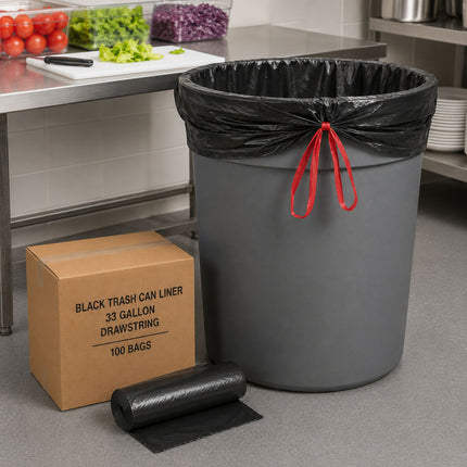 33 Gallon Black Drawstring Trash Can Liners - 100 Bags/Case
