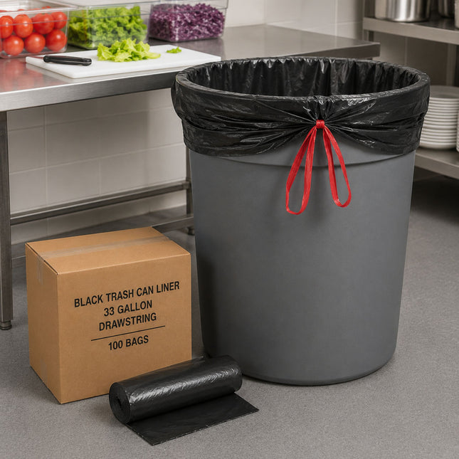 33 Gallon Black Drawstring Trash Can Liners - 100 Bags/Case