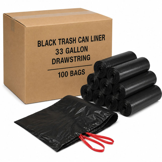33 Gallon Black Drawstring Trash Can Liners - 100 Bags/Case