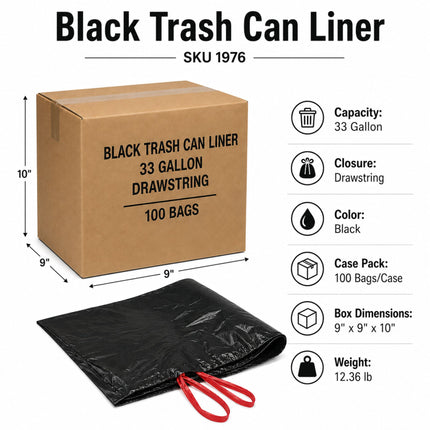 33 Gallon Black Drawstring Trash Can Liners - 100 Bags/Case