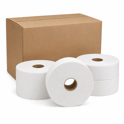 Three white toilet paper rolls arranged in front of a plain brown cardboard box on a clean white background.