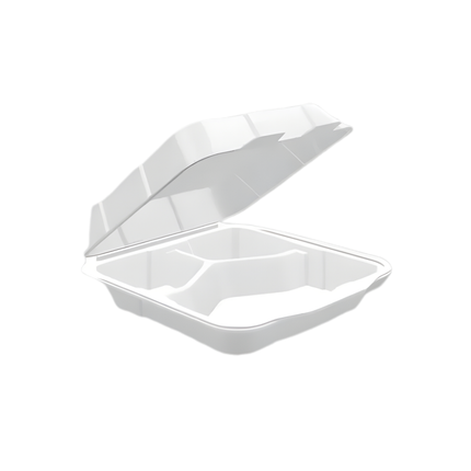 Foam Pak 2230 White Foam Hinged Lid Container 8 1/4" x 7 5/16" x 2 5/16" - 3 Compartment – 200/Case