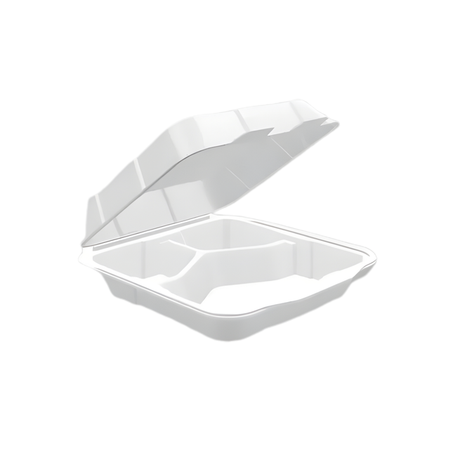 Foam Pak 2230 White Foam Hinged Lid Container 8 1/4" x 7 5/16" x 2 5/16" - 3 Compartment – 200/Case