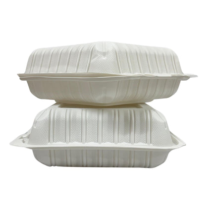 Two stacked white biodegradable foam take-out containers with ribbed lids and tray bases, shown on a plain white background.