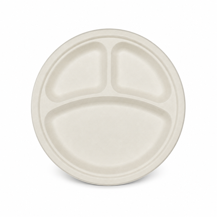 Rise Up 10" White Bagasse 3-Compartment Round Plate