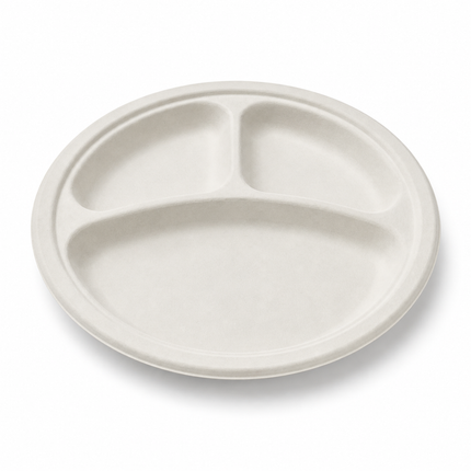 Rise Up 10" White Bagasse 3-Compartment Round Plate