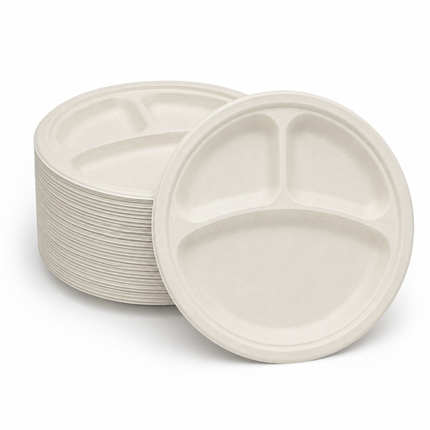 Rise Up 10" White Bagasse 3-Compartment Round Plate